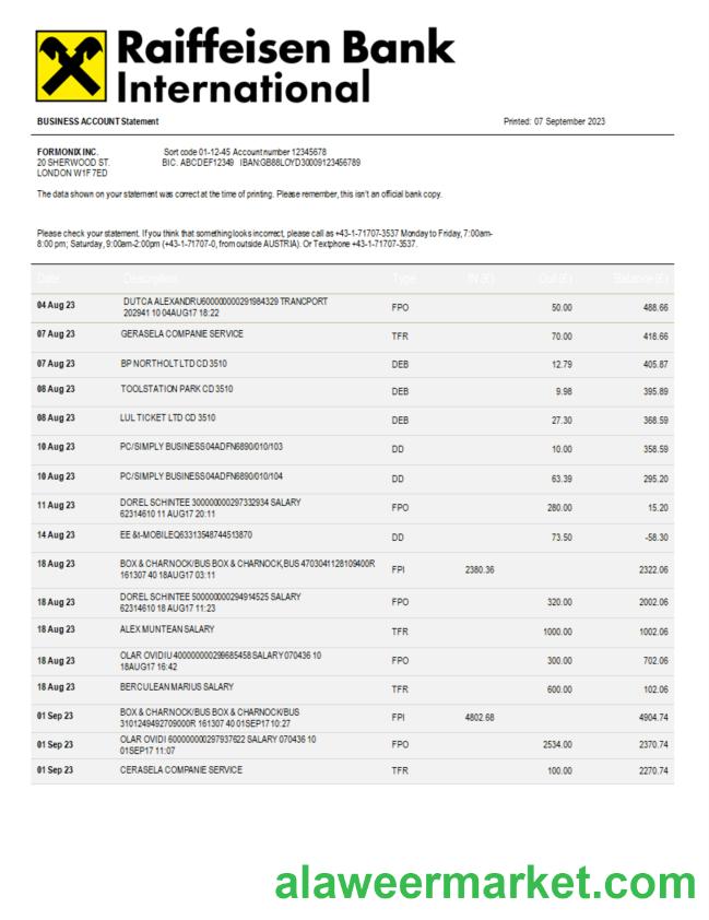 Raiffeisen Bank International Bank International company statement Word and PDF template